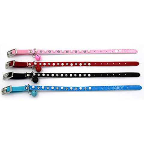 Image of PetsCaptain 4 Pieces (Blue, Pink, Green, Black) Set Cute Crystal Dog Collar Cat Collar with Bell for small Dogs and Cats (0.4" Wide x Adjustable Neck Size 7.75" ~10.5"), PSC-C5004M4