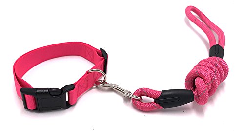 PetsCaptain Reflective Heavy Duty Round Rope Dog Leash (0.5" Diameter x 48" Long) & Reflective Dog Collar (1" Wide x Adjustable Neck Size 14.5"~22") Set