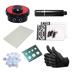 One Tattoo World - 7pc Tattoo Kit w/Rotary Pen Machine, Gloves, Ink Caps, Paper, Cartridges, and Power Supply, OTW-KPB01A