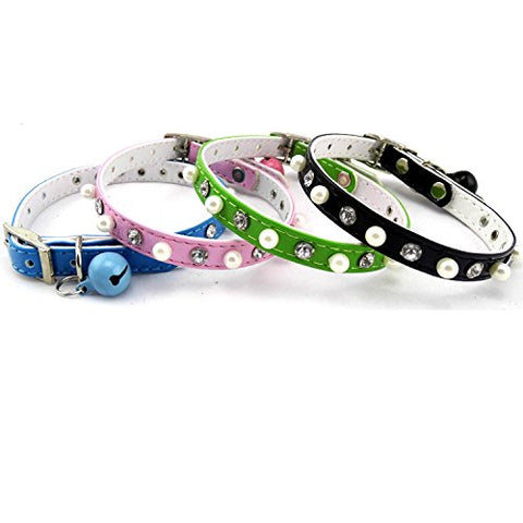 Image of PetsCaptain 4 Pieces (Blue, Pink, Green, Black) Set Cute Crystal Dog Collar Cat Collar with Bell for small Dogs and Cats (0.4" Wide x Adjustable Neck Size 7.75" ~10.5"), PSC-C5004M4