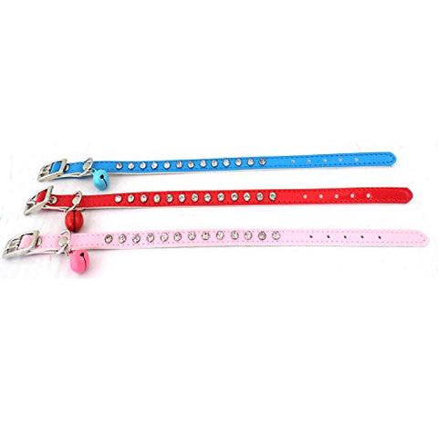 Image of PetsCaptain 3 Pieces (Red, Blue, Pink) Set Cute Crystal Dog Collar Cat Collar with Bell for small Dogs and Cats (0.4" Wide x Adjustable Neck Size 7.75" ~10.5"), PSC-C5002M3