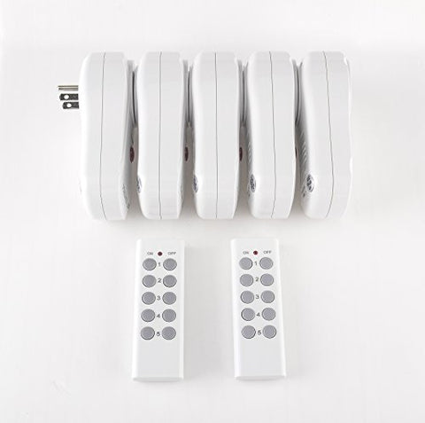 Image of BiCoreTech 5-pack Wireless Remote Control Electrical Outlet Switch for Household Appliances, Wireless Remote Light Switch, White (Fixed Code, 5 Switches and 2 Remote Controllers), BCT-WS3055