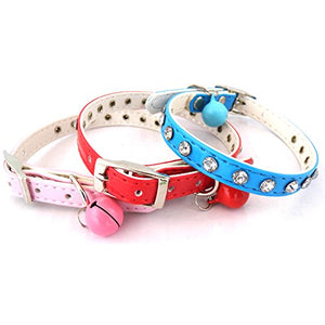 PetsCaptain 3 Pieces (Red, Blue, Pink) Set Cute Crystal Dog Collar Cat Collar with Bell for small Dogs and Cats (0.4" Wide x Adjustable Neck Size 7.75" ~10.5"), PSC-C5002M3