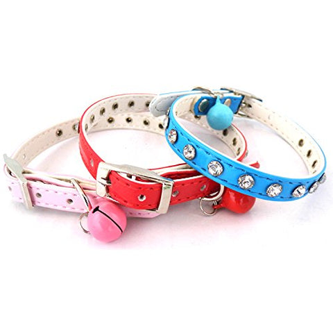 Image of PetsCaptain 3 Pieces (Red, Blue, Pink) Set Cute Crystal Dog Collar Cat Collar with Bell for small Dogs and Cats (0.4" Wide x Adjustable Neck Size 7.75" ~10.5"), PSC-C5002M3