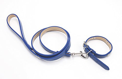 Image of PetsCaptain Stylish Leather Pet Supplies Dog and Cat Leash (0.75"x48") with Collar(0.75"x 11.25~14.25" Neck size) set for Medium and small dogs and cats, Blue, PSC-LC5026MB