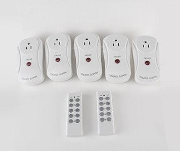 BiCoreTech 5-pack Wireless Remote Control Electrical Outlet Switch for Household Appliances, Wireless Remote Light Switch, White (Fixed Code, 5 Switches and 2 Remote Controllers), BCT-WS3055