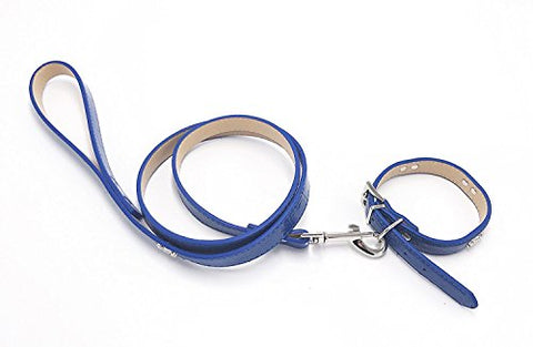 Image of PetsCaptain Stylish Leather Pet Supplies Dog and Cat Leash (0.75"x48") with Collar(0.75"x 11.25~14.25" Neck size) set for Medium and small dogs and cats, Blue, PSC-LC5026MB