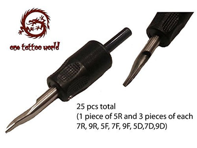 1TattooWorld 25 Pieces Mixed 1" Disposable Grip with Stainless Steel Tips 5/7/9R,5/7/9F, 5/7/9D, OTW-GTB-25