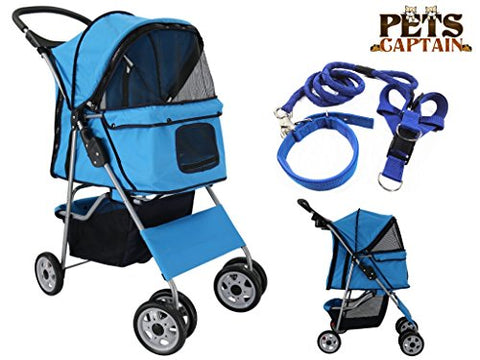 Image of PetsCaptain Pet Stroller Cat & Dog Folding Travel Carrier Carriage with Leash, Harness, and Collar Bundle, 55 Lbs Weight Limit