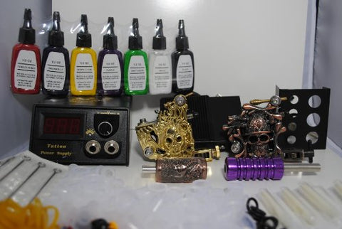 Image of 1TattooWorld Premium Tattoo Kit 2 Handmade Machine Gun Digital Power Supply Needles 7 Color 1/2 oz Inks, OTW-KK02