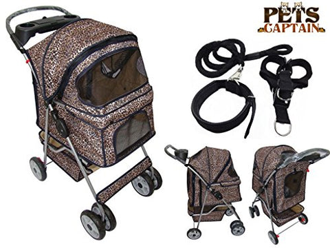 Image of Premium Quality Pet Carrier Stroller For Cat & Dog By Pets Captain, Mesh Sides & Undercarriage Storage, 2 Cup Holders, Foldable, Bonus Leash, Collar & Harness, 66 Lbs Weight Limit