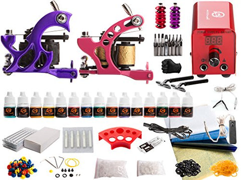 Image of 1TattooWorld Red Series Tattoo Kit 2 Tattoo Machines, Digital Power Supply, 10 Color 5ml Tattoo Inks, Grips, Needles, Transfer Paper etc, OTW-KTR215A