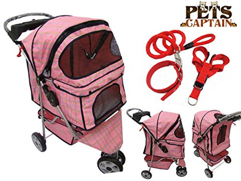 Image of Premium Quality Pet Carrier Stroller For Cat & Dog By Pets Captain, Mesh Sides & Undercarriage Storage, 2 Cup Holders, Foldable, Bonus Leash, Collar & Harness, 66 Lbs Weight Limit