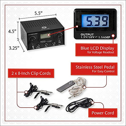 Image of One Tattoo World Dual Tattoo Machine Power Supply | Digital LCD Display | Stainless Steel Pedal & 2 Clip Cords | Black