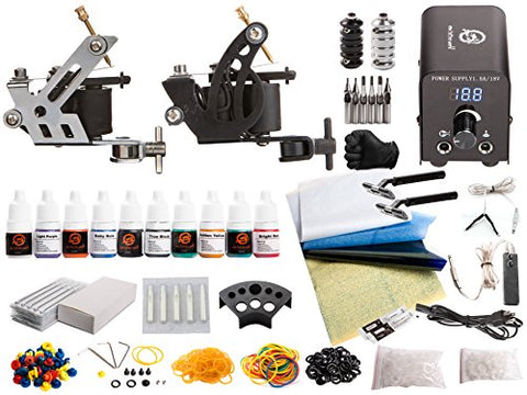 Image of 1TattooWorld Tattoo Kit 2 Tattoo Machines, Digital Power Supply, 10 Color 5ml Tattoo Inks, Grips, Needles, Transfer Paper etc, OTW-KTB210A