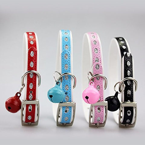 Image of PetsCaptain 4 Pieces (Red, Blue, Pink, Black) Set Cute Crystal Dog Collar Cat Collar with Bell for small Dogs and Cats (0.4" Wide x Adjustable Neck Size 7.75" ~10.5"), PSC-C5008M4