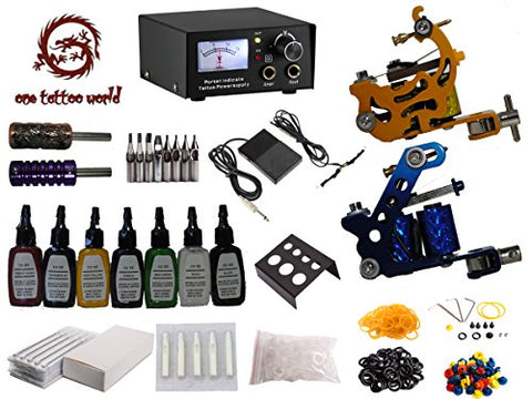 Image of 1TattooWorld Deluxe Tattoo Kit 2 Machine Gun Power Supply Needles 7 Color 1/2 oz Inks, OTW-KK01