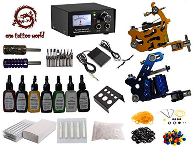 1TattooWorld Deluxe Tattoo Kit 2 Machine Gun Power Supply Needles 7 Color 1/2 oz Inks, OTW-KK01