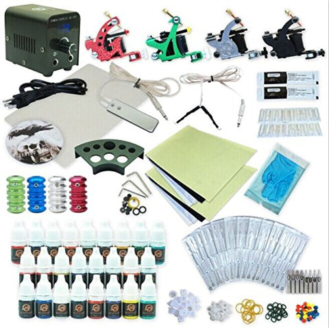 Image of 1TattooWorld Complete Tattoo Starter Kit, 4 Tattoo Machines, Digital Power Supply, 25 Color 5ml Tattoo Inks, Grips, Needles, Transfer Paper etc, OTW-KTB425A