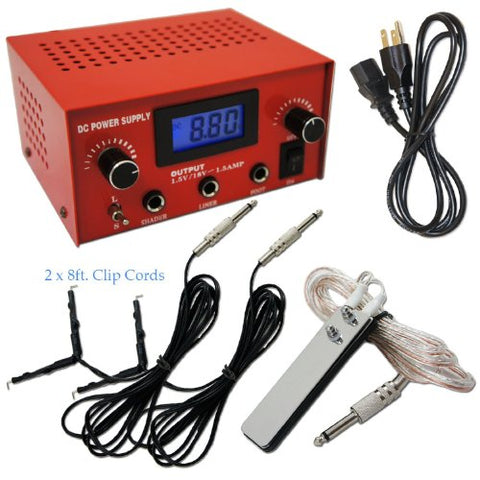 Image of One Tattoo World OTW-P008-3R Dual Digital LCD Tattoo Machine Power Supply with Stainless Steel Pedal and 2 Clip Cords, Red