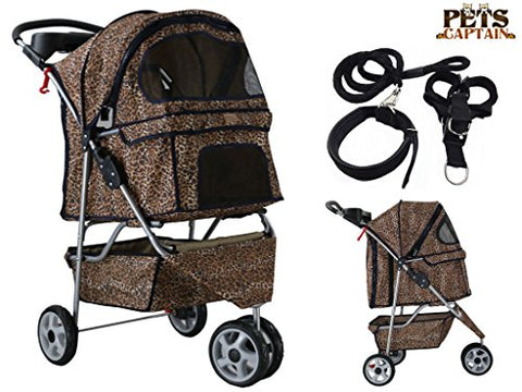 Image of Premium Quality Pet Carrier Stroller For Cat & Dog By Pets Captain, Mesh Sides & Undercarriage Storage, 2 Cup Holders, Foldable, Bonus Leash, Collar & Harness, 66 Lbs Weight Limit