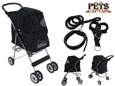 PetsCaptain Pet Stroller Cat & Dog Folding Travel Carrier Carriage with Leash, Harness, and Collar Bundle, 55 Lbs Weight Limit