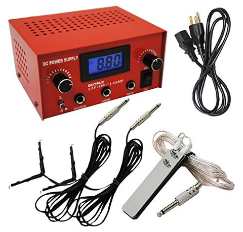 Image of One Tattoo World OTW-P008-3R Dual Digital LCD Tattoo Machine Power Supply with Stainless Steel Pedal and 2 Clip Cords, Red