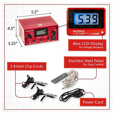 Image of One Tattoo World Dual Digital LCD Tattoo Machine Power Supply | LCD Display | Stainless Steel Pedal & 2 Clip Cords | Red