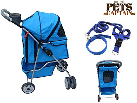 Image of Premium Quality Pet Carrier Stroller For Cat & Dog By Pets Captain, Mesh Sides & Undercarriage Storage, 2 Cup Holders, Foldable, Bonus Leash, Collar & Harness, 66 Lbs Weight Limit