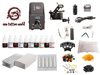 1TattooWorld Tattoo Kit 1 Tattoo Machines, Digital Power Supply, 10 Color 5ml Tattoo inks, Grips, Needles, etc, OTW-KTB110A