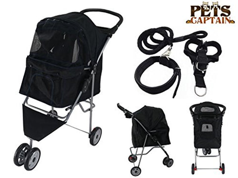 Image of PetsCaptain Pet Stroller Cat & Dog Folding Travel Carrier Carriage with Leash, Harness, and Collar Bundle, 55 Lbs Weight Limit