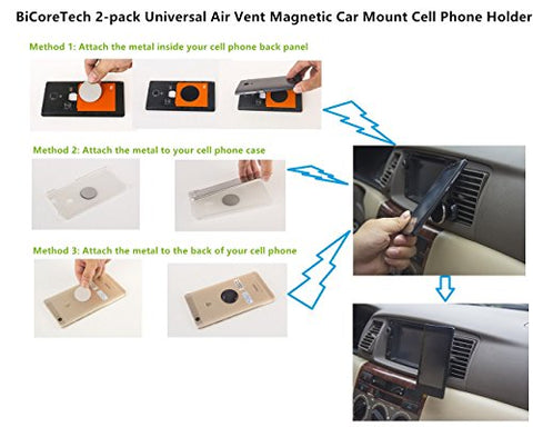 Image of BiCoreTech 2-pack Universal Air Vent Magnetic Phone Car Mount Cell Phone Holder for Car with 4 Metal Plates and Double Tape, for All Cell Phones and Mini Tablets(Apple, Samsung, HTC, ZTE, TCL, LG etc)