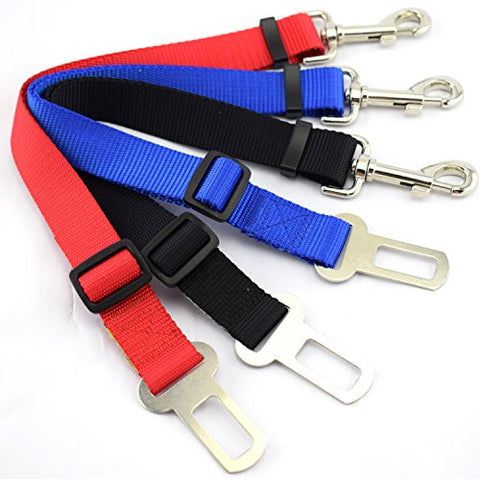 Image of PetsCaptain 3-pack Universal and Adjustable (1" Wide x 16" ~ 24") Pet SeatBelt Harness Dogs Seat Belt and Cat Seat Belt Pet Belt in Vehicle, Red, Black, and Blue Color; PSC-A523M3