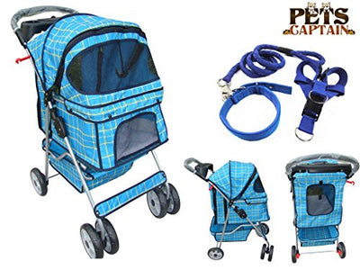 Premium Quality Pet Carrier Stroller For Cat & Dog By Pets Captain, Mesh Sides & Undercarriage Storage, 2 Cup Holders, Foldable, Bonus Leash, Collar & Harness, 66 Lbs Weight Limit