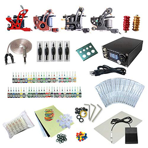 Image of One Tattoo World Complete Tattoo Starter Kit, 4 Tattoo Machines, Digital Power Supply, 54 Color 5ml Tattoo Inks, Grips, Needles, Transfer Paper etc, OTW-KTB454