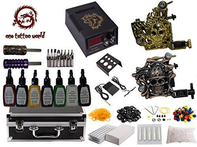 1TattooWorld Premium Tattoo Kit 2 Handmade Machine Gun Digital Power Supply Needles 7 color 1/2 oz Inks, OTW-KK02