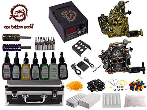 Image of 1TattooWorld Premium Tattoo Kit 2 Handmade Machine Gun Digital Power Supply Needles 7 Color 1/2 oz Inks, OTW-KK02