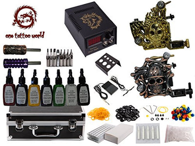 1TattooWorld Premium Tattoo Kit 2 Handmade Machine Gun Digital Power Supply Needles 7 Color 1/2 oz Inks, OTW-KK02