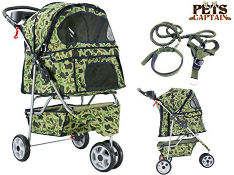 Image of Premium Quality Pet Carrier Stroller For Cat & Dog By Pets Captain, Mesh Sides & Undercarriage Storage, 2 Cup Holders, Foldable, Bonus Leash, Collar & Harness, 66 Lbs Weight Limit