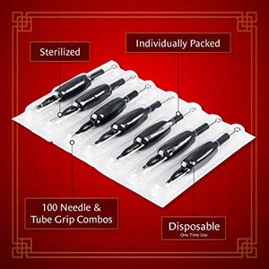 One Tattoo World 100pcs Disposable Tattoo Needle and Tube 3/4 Grip RL/RS/M1, OTW-CTGT-34G1