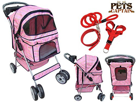 Image of Premium Quality Pet Carrier Stroller For Cat & Dog By Pets Captain, Mesh Sides & Undercarriage Storage, 2 Cup Holders, Foldable, Bonus Leash, Collar & Harness, 66 Lbs Weight Limit