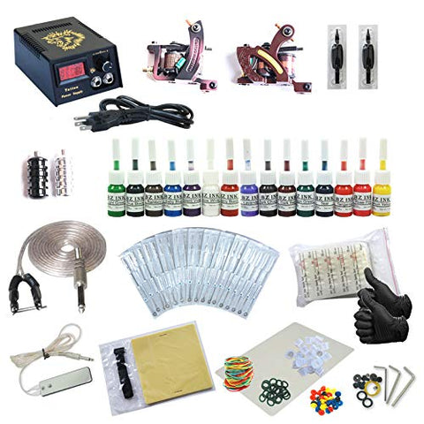 Image of 1TattooWorld Deluxe Tattoo Kit 2 Tattoo Machines, Digital Power Supply, 15 Color 5ml Tattoo Inks, Grips, Needles, Transfer Paper etc, OTW-KTB215G