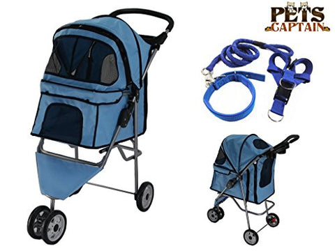 Image of PetsCaptain Pet Stroller Cat & Dog Folding Travel Carrier Carriage with Leash, Harness, and Collar Bundle, 55 Lbs Weight Limit