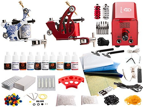 Image of One Tattoo World Red Series Tattoo Kit 2 Tattoo Machines, Digital Power Supply, 10 Color 5ml Tattoo Inks, Grips, Needles, Transfer Paper etc, OTW-KTR210A