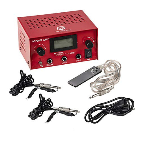 Image of One Tattoo World OTW-P008-3R Dual Digital LCD Tattoo Machine Power Supply with Stainless Steel Pedal and 2 Clip Cords, Red