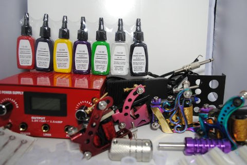 Image of 1TattooWorld Professional Tattoo Kit 4 Handmade Machine Gun Red Digital Power Supply Needles 7 Color 1/2 oz Inks, OTW-KK04