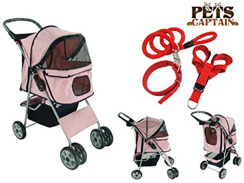 Image of PetsCaptain Pet Stroller Cat & Dog Folding Travel Carrier Carriage with Leash, Harness, and Collar Bundle, 55 Lbs Weight Limit