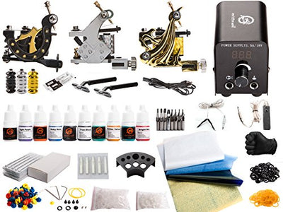 1TattooWorld Deluxe Tattoo Kit 3 Tattoo Machines, Digital Power Supply, 10 Color 5ml Tattoo Inks, Grips, Needles, Transfer Paper etc, OTW-KTB325A