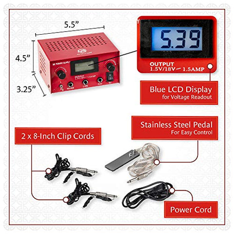 Image of One Tattoo World OTW-P008-3R Dual Digital LCD Tattoo Machine Power Supply with Stainless Steel Pedal and 2 Clip Cords, Red