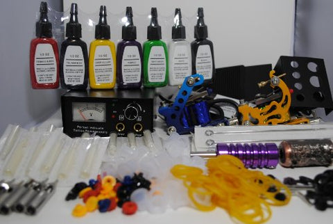 Image of 1TattooWorld Deluxe Tattoo Kit 2 Machine Gun Power Supply Needles 7 Color 1/2 oz Inks, OTW-KK01